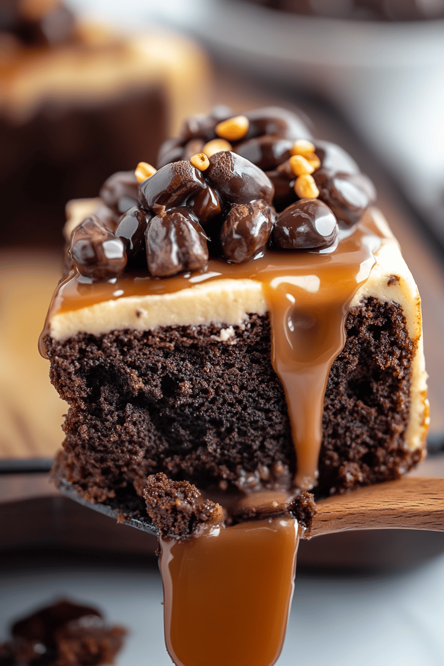 Turtle Poke Cake slice on plate showing perfect texture and swirl pattern
