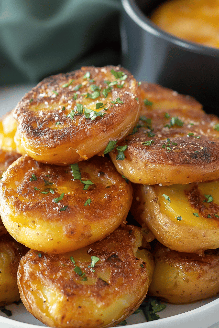 air fryer smashed potatoes slice on plate showing perfect texture and swirl pattern