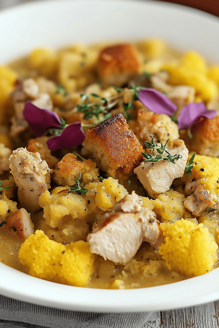 chicken casserole with stuffing slice on plate showing perfect texture and swirl pattern
