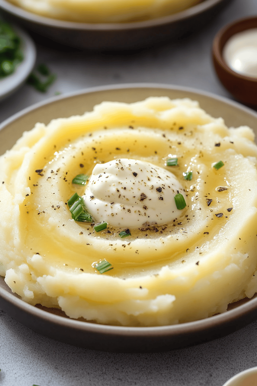 sour cream chive mashed potatoes slice on plate showing perfect texture and swirl pattern