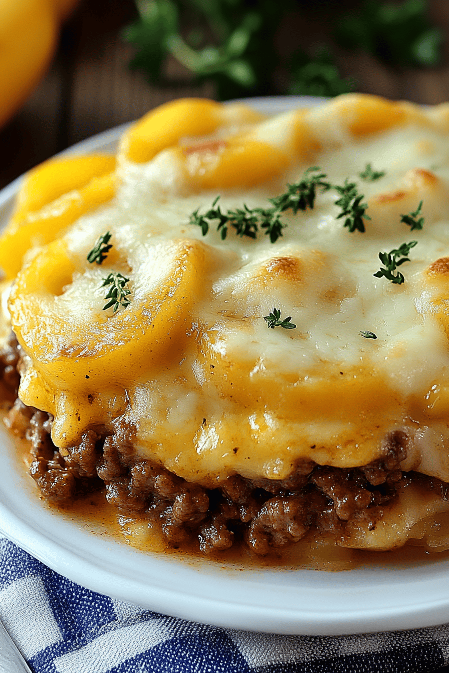7-Layer Hamburger Casserole final dish beautifully presented and ready to serve