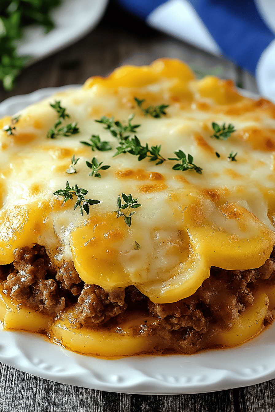 7-Layer Hamburger Casserole slice on plate showing perfect texture and swirl pattern