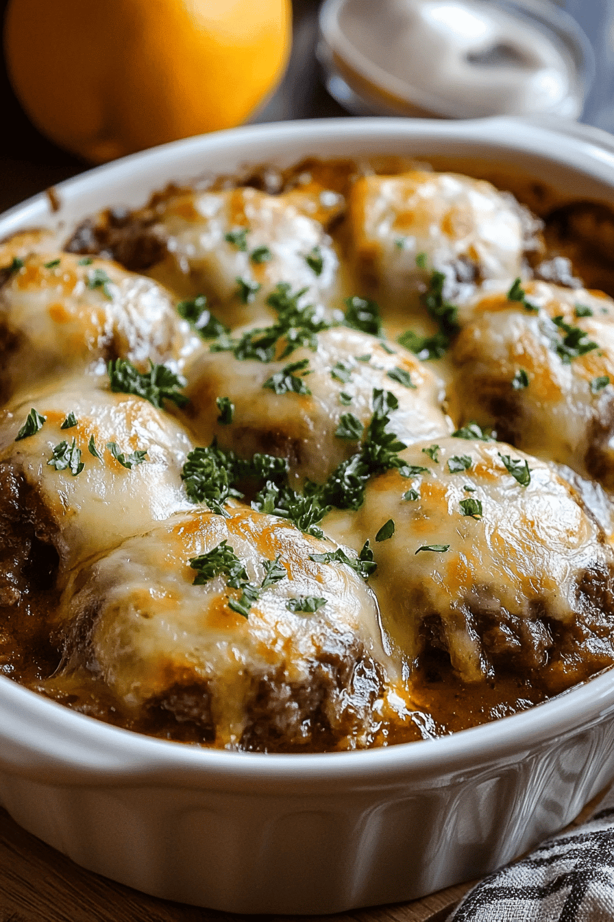 Amish Hamburger Steak Bake slice on plate showing perfect texture and swirl pattern