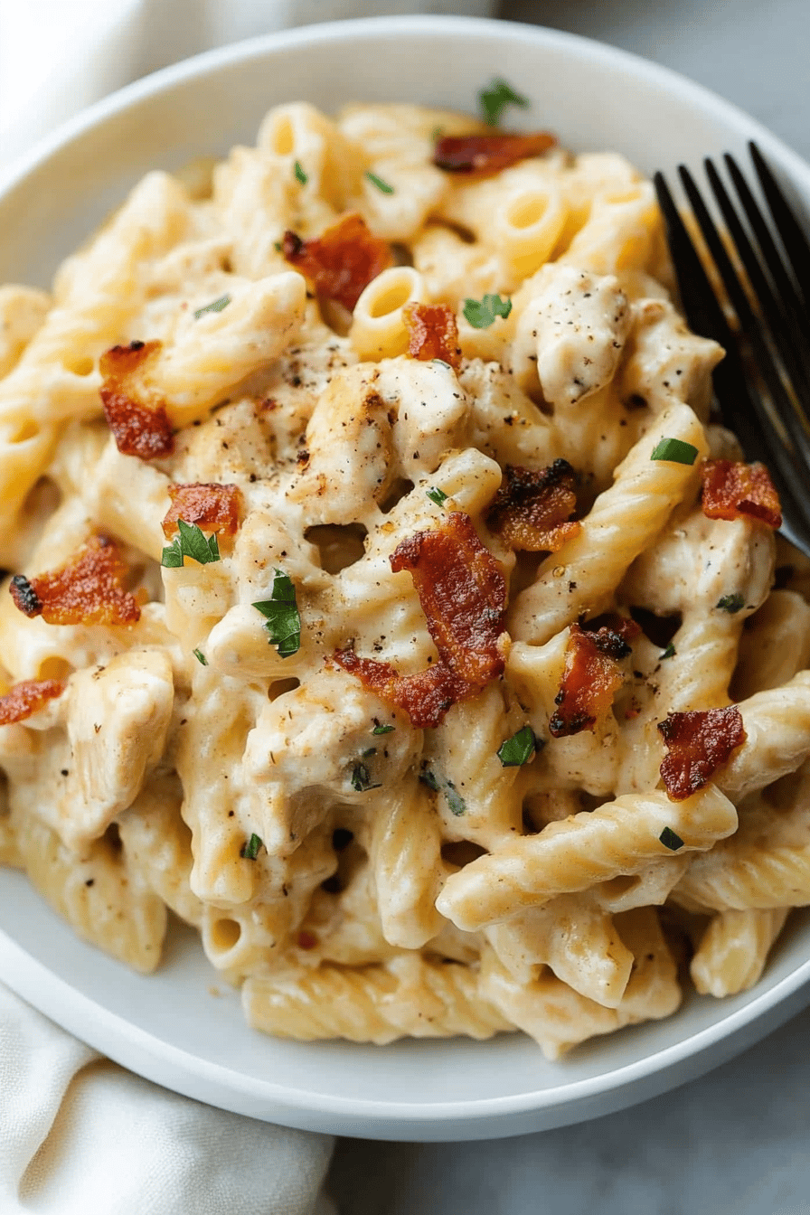 Bacon Ranch Chicken Pasta Recipe ingredients organized and measured on kitchen counter