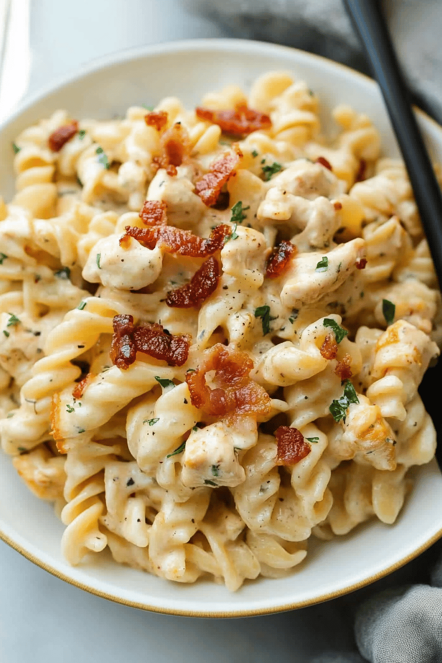 Bacon Ranch Chicken Pasta Recipe slice on plate showing perfect texture and swirl pattern