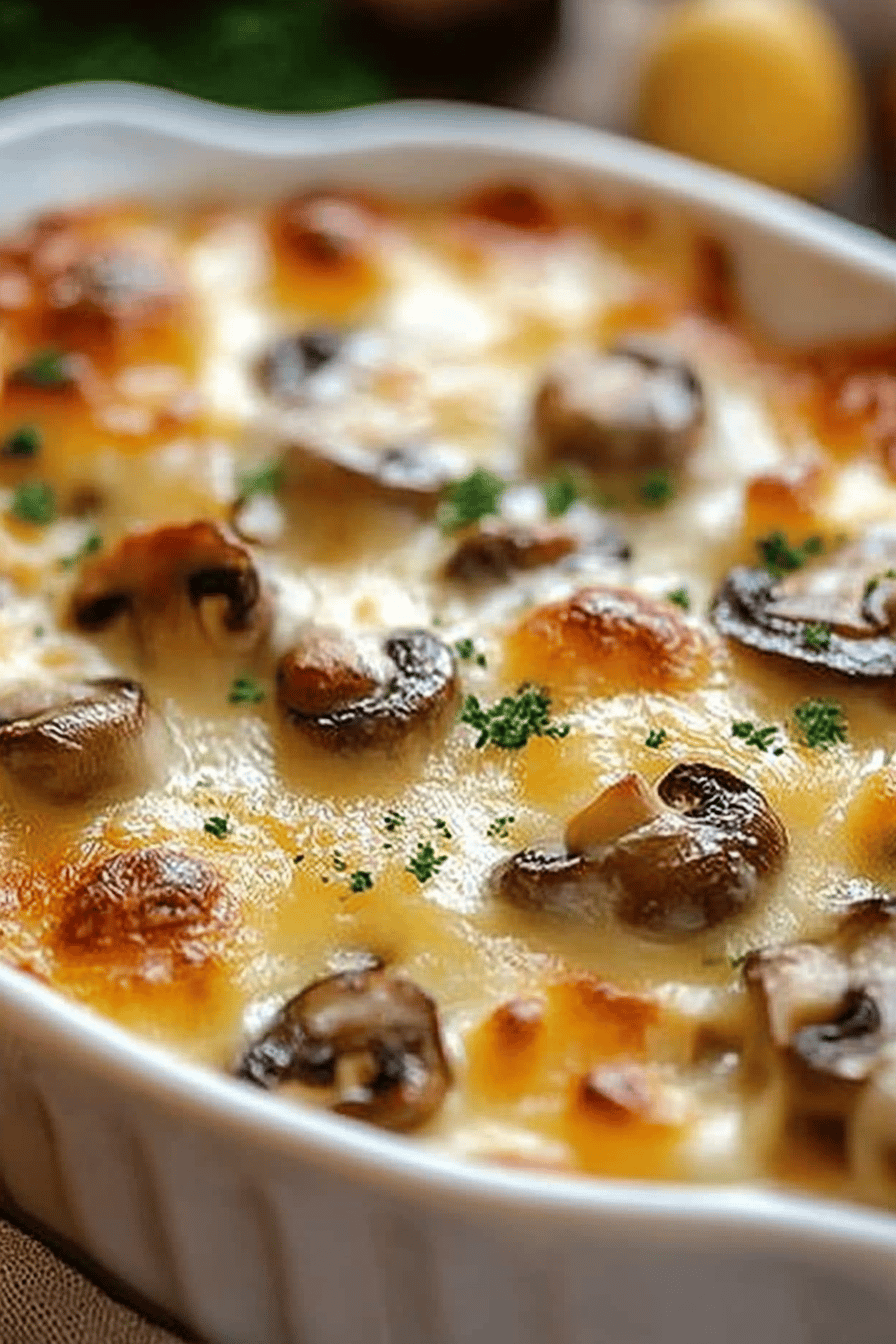 Baked Cheesy Mushrooms Casserole final dish beautifully presented and ready to serve