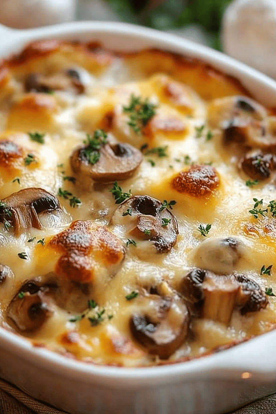 Baked Cheesy Mushrooms Casserole slice on plate showing perfect texture and swirl pattern