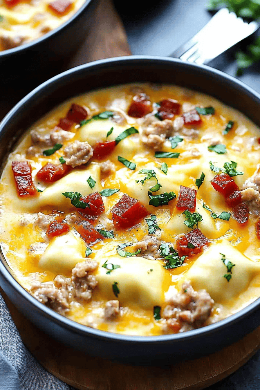 Baked Ravioli Meat Sauce ingredients organized and measured on kitchen counter