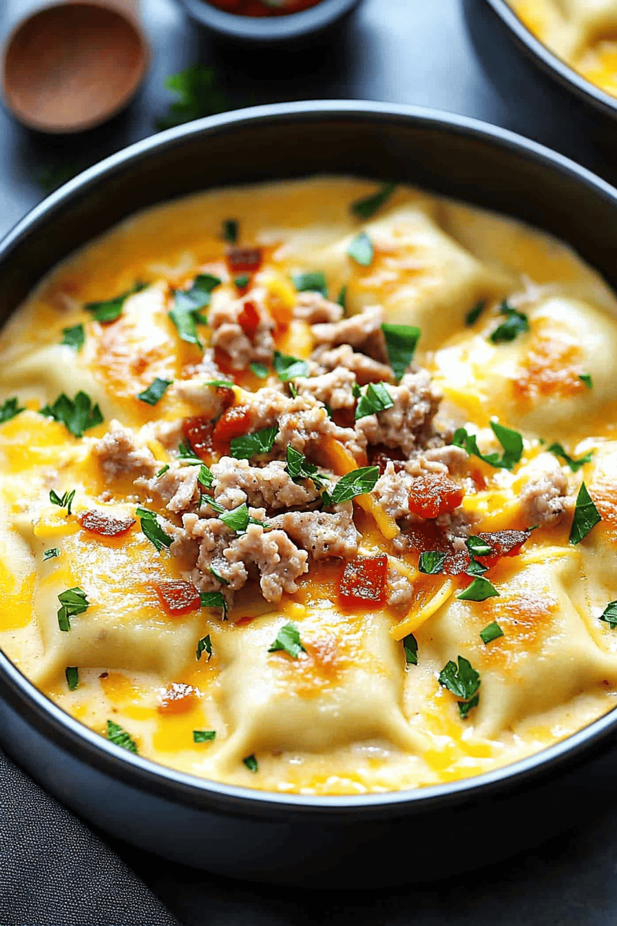 Baked Ravioli Meat Sauce slice on plate showing perfect texture and swirl pattern