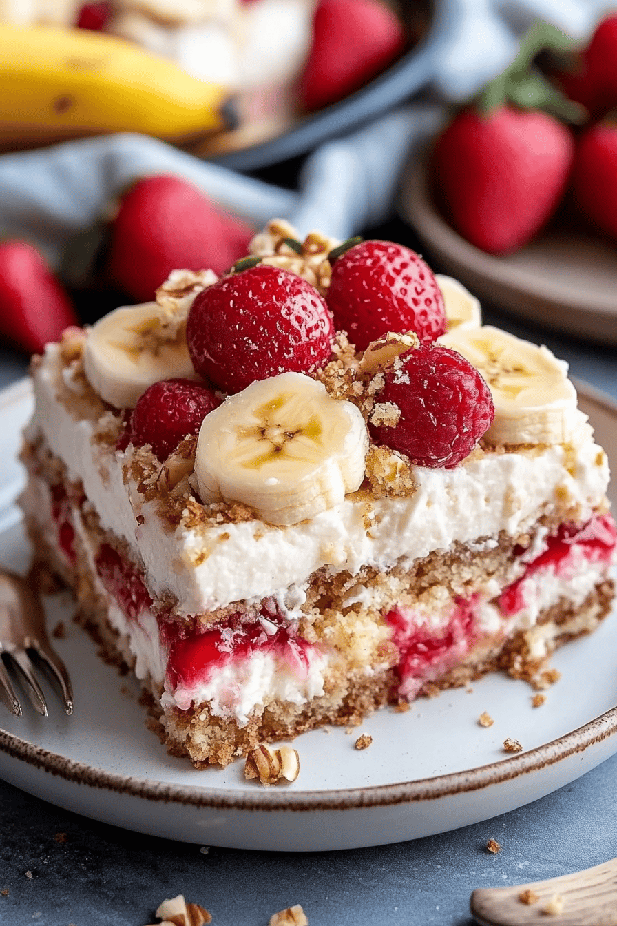 Banana Split Dump Cake Recipe slice on plate showing perfect texture and swirl pattern