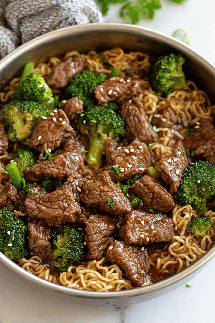 Beef Broccoli Ramen ingredients organized and measured on kitchen counter