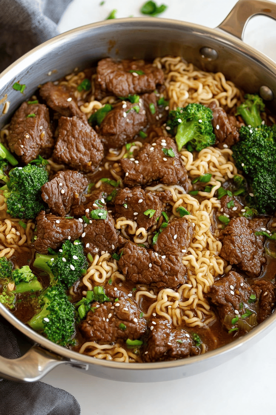 Beef Broccoli Ramen Recipe slice on plate showing perfect texture and swirl pattern