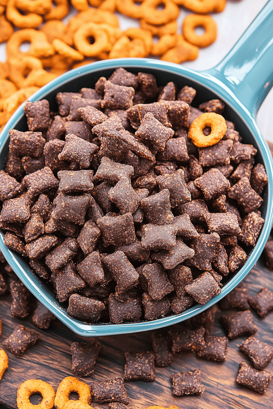 Brownie Batter Puppy Chow final dish beautifully presented and ready to serve