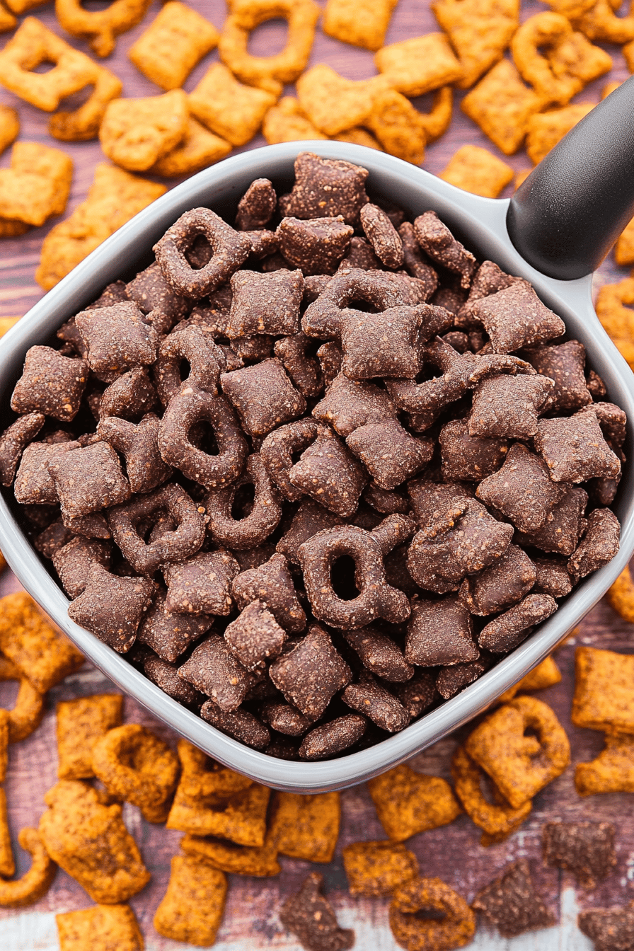 Brownie Batter Puppy Chow slice on plate showing perfect texture and swirl pattern