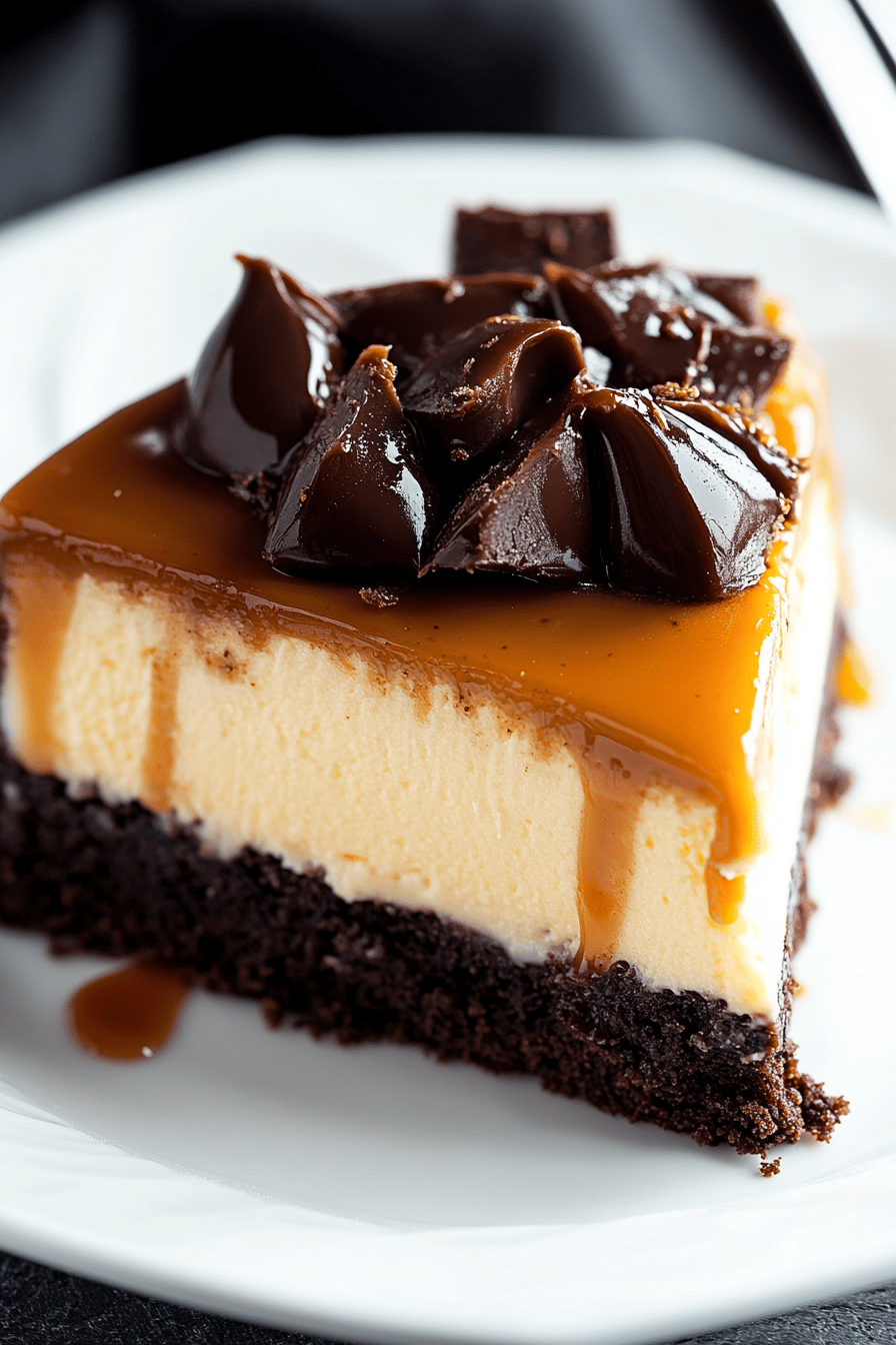 Caramel Brownie Cheesecake Recipe slice on plate showing perfect texture and swirl pattern