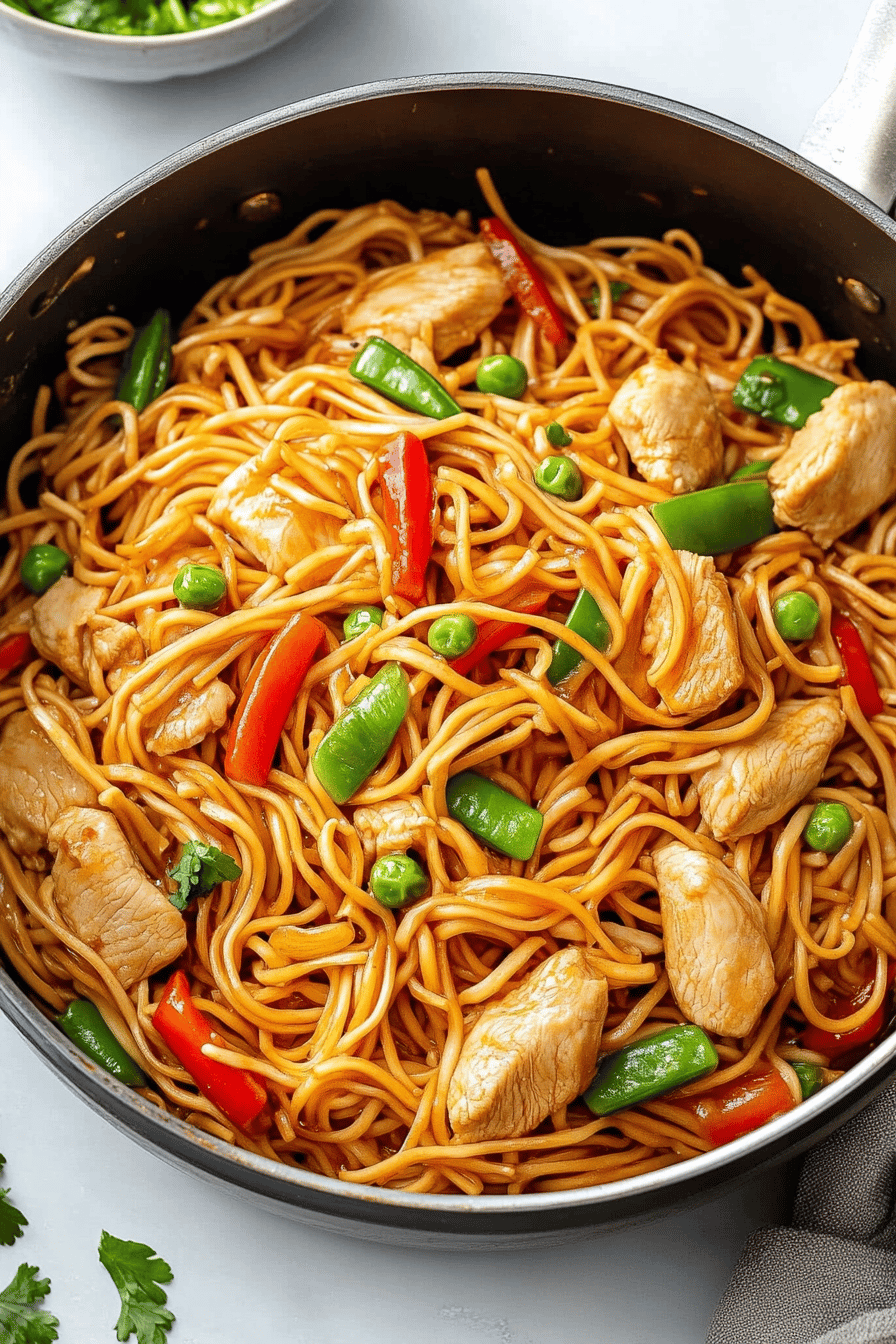 Chicken Lo Mein Recipe slice on plate showing perfect texture and swirl pattern