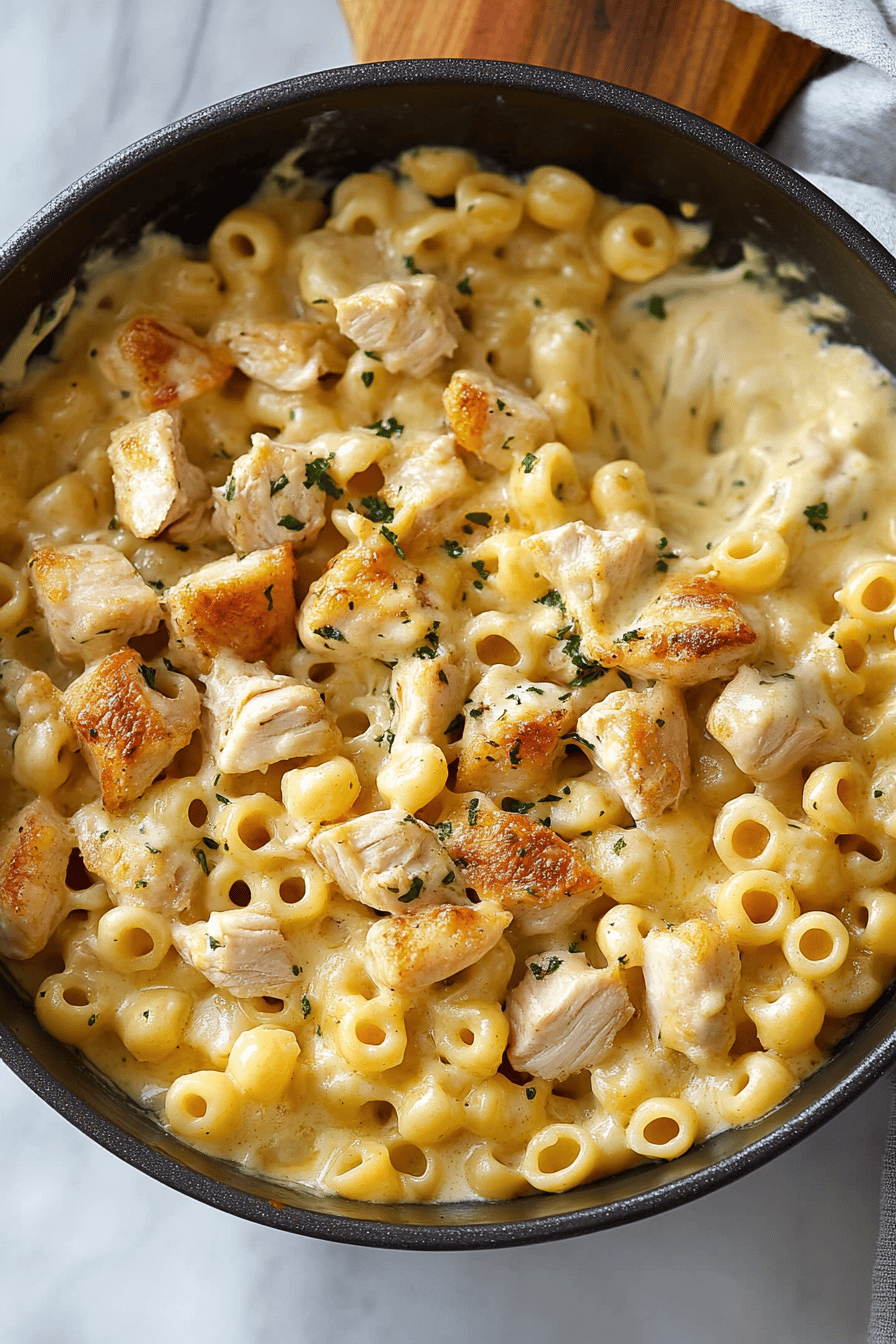 Chicken Mac and Cheese final dish beautifully presented and ready to serve