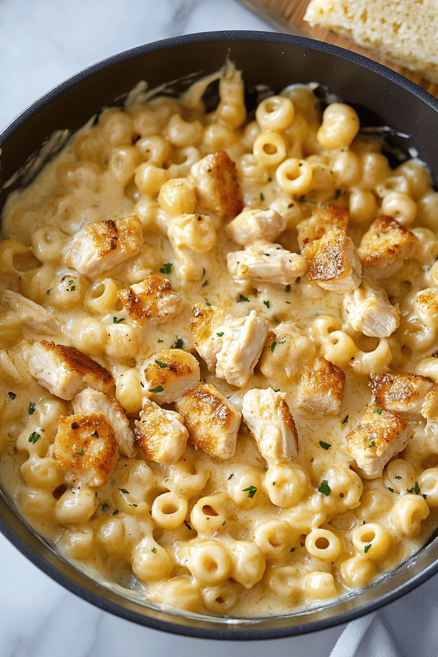 Chicken Mac and Cheese Recipe slice on plate showing perfect texture and swirl pattern