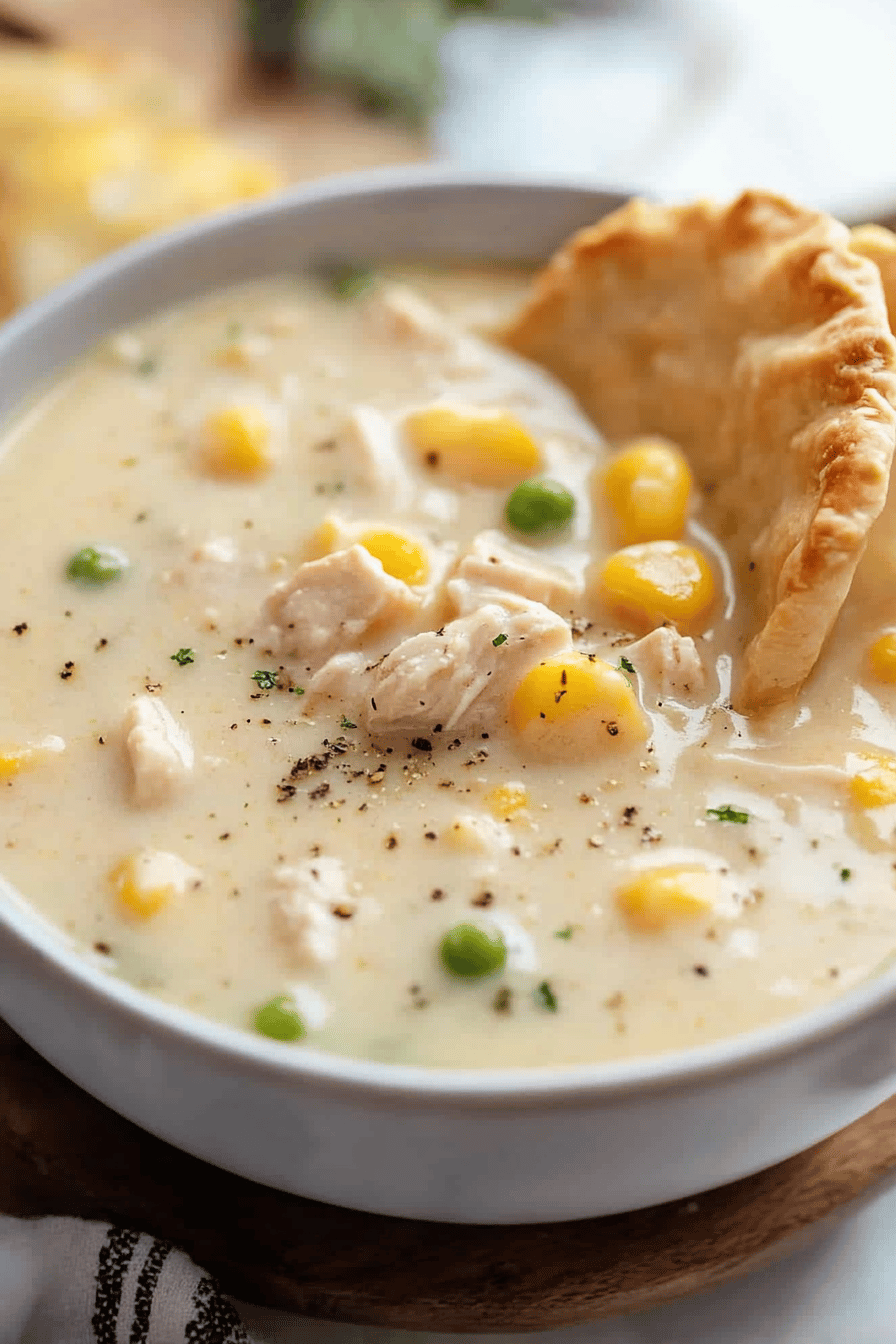 Chicken Pot Pie Soup final dish beautifully presented and ready to serve