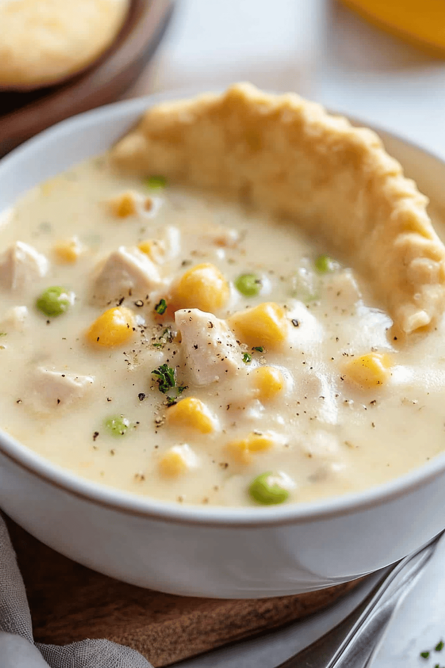 Chicken Pot Pie Soup slice on plate showing perfect texture and swirl pattern