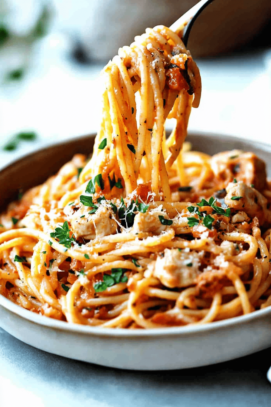 Chicken Spaghetti final dish beautifully presented and ready to serve