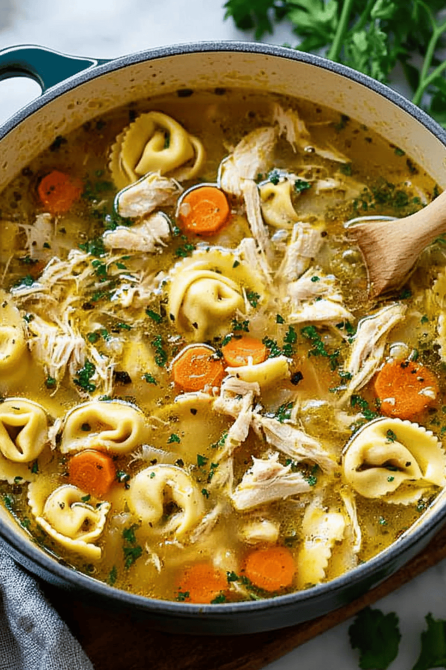 Chicken Tortellini Soup final dish beautifully presented and ready to serve