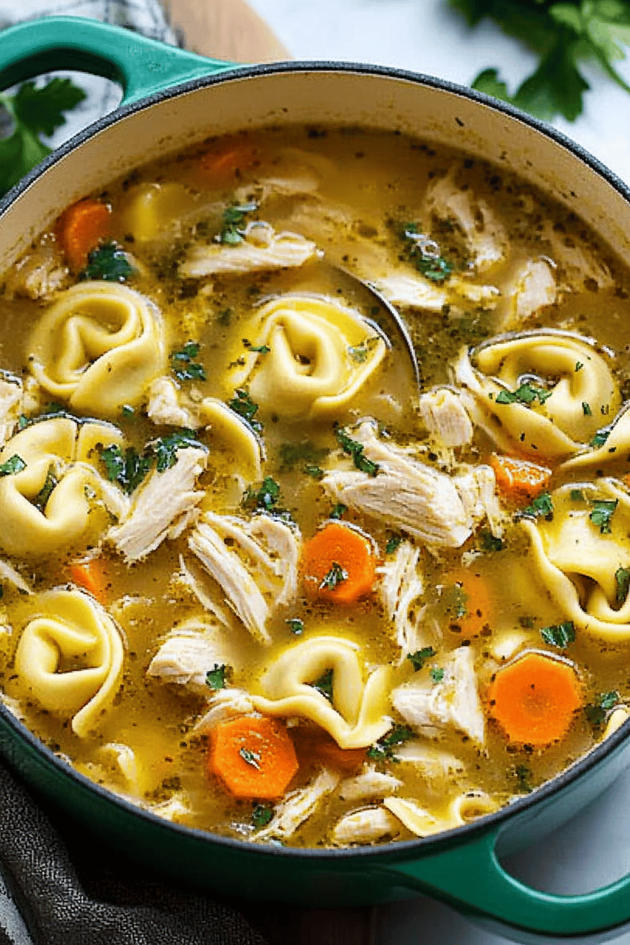 Chicken Tortellini Soup slice on plate showing perfect texture and swirl pattern