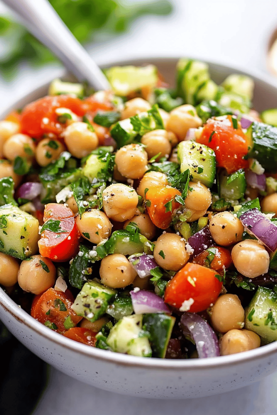 Chickpea Salad Recipe ingredients organized and measured on kitchen counter