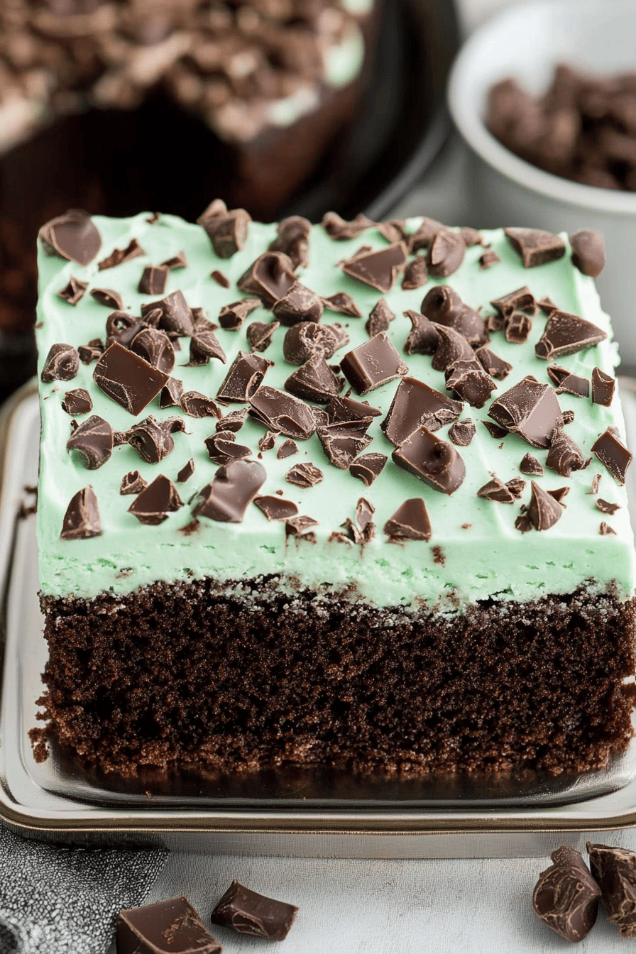 Chocolate Mint Poke Cake final dish beautifully presented and ready to serve