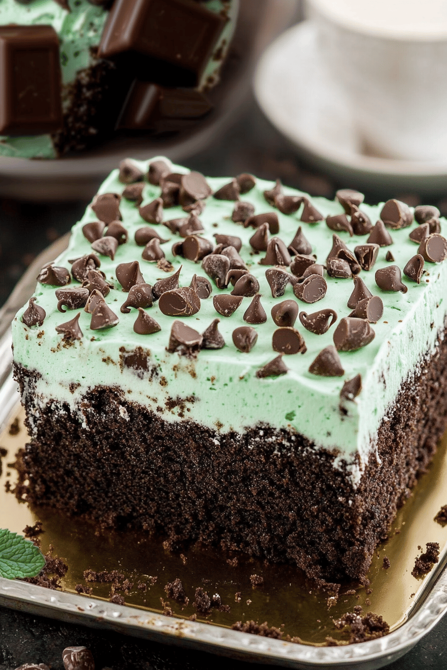 Chocolate Mint Poke Cake slice on plate showing perfect texture and swirl pattern