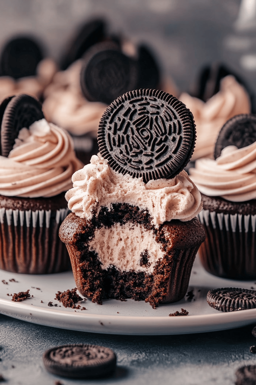 Chocolate Oreo Cupcakes slice on plate showing perfect texture and swirl pattern