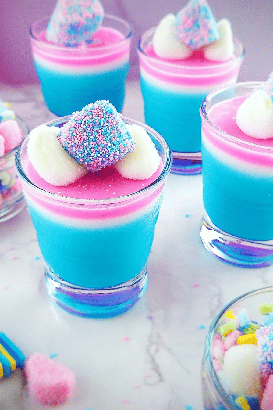 Cotton Candy Jello Shots slice on plate showing perfect texture and swirl pattern