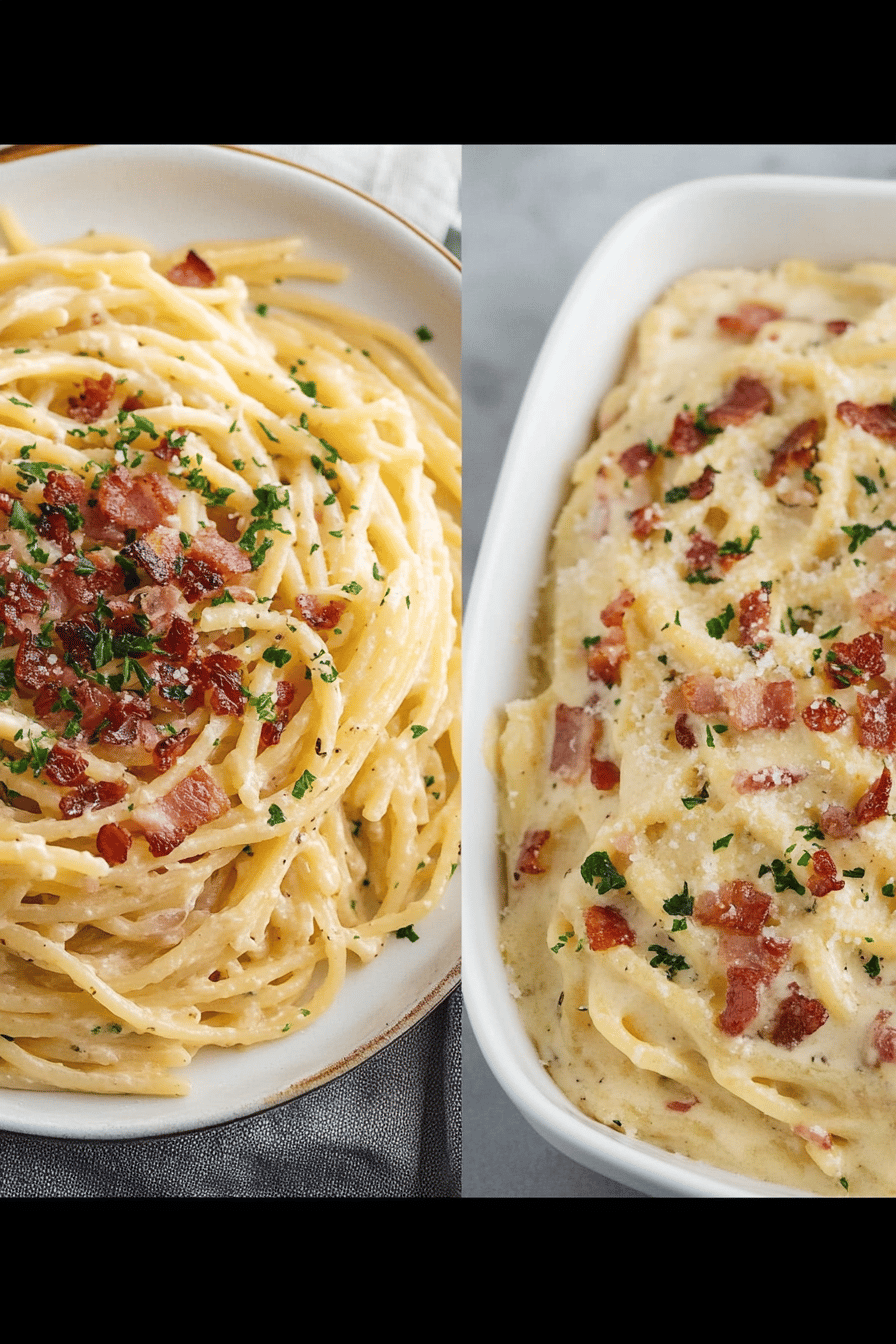 Creamy Bacon Pasta final dish beautifully presented and ready to serve