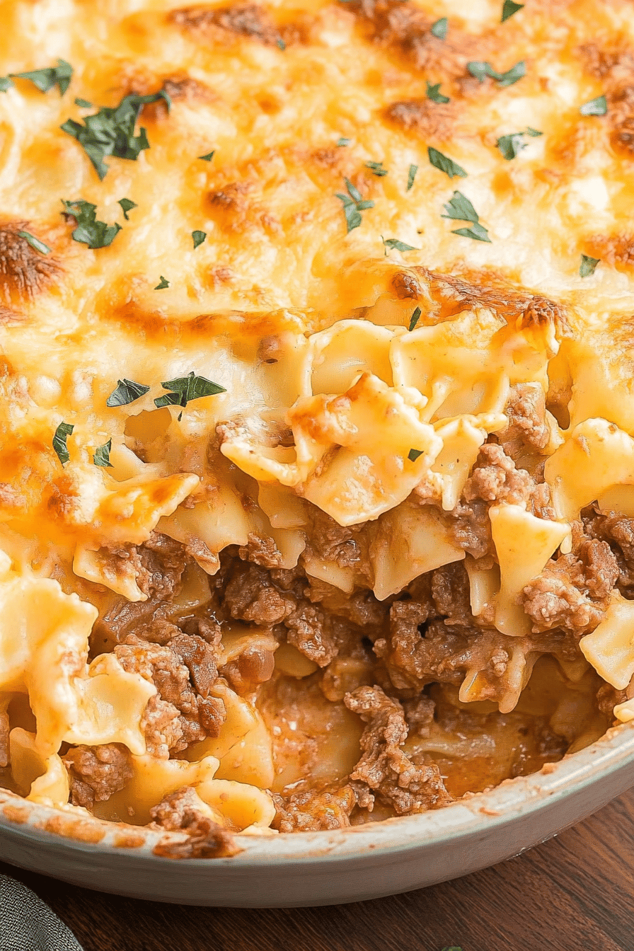 Creamy Beef Noodle Bake slice on plate showing perfect texture and swirl pattern