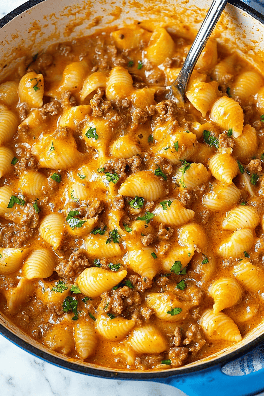 Creamy Beef and Shells ingredients organized and measured on kitchen counter