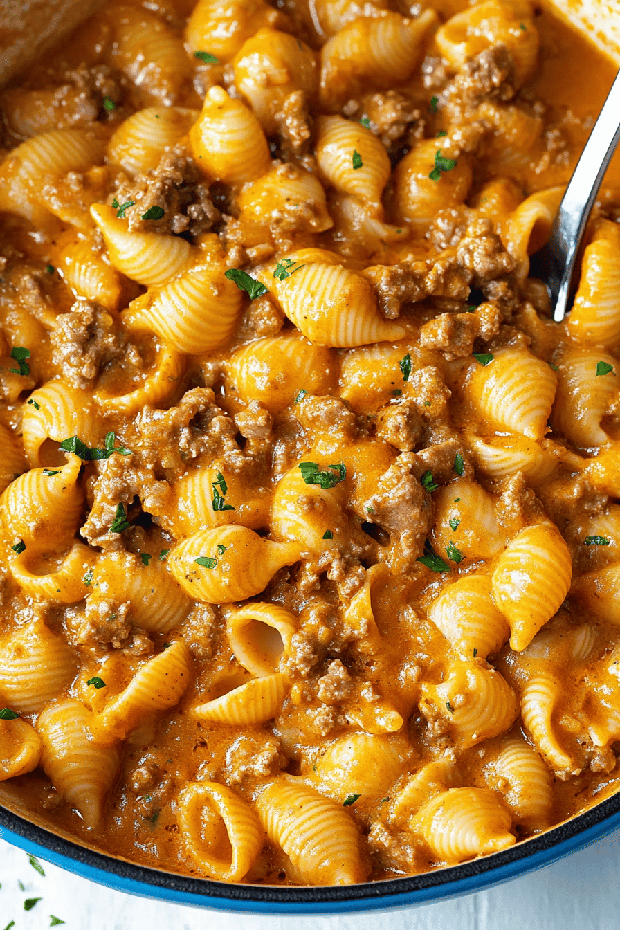 Creamy Beef and Shells slice on plate showing perfect texture and swirl pattern