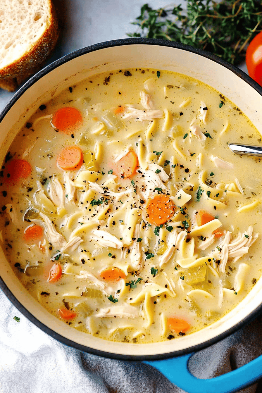 Creamy Chicken Noodle Soup slice on plate showing perfect texture and swirl pattern
