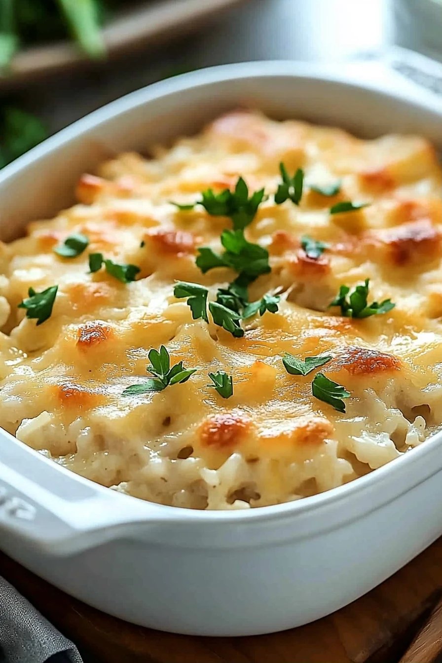 Creamy Chicken Rice Casserole slice on plate showing perfect texture and swirl pattern
