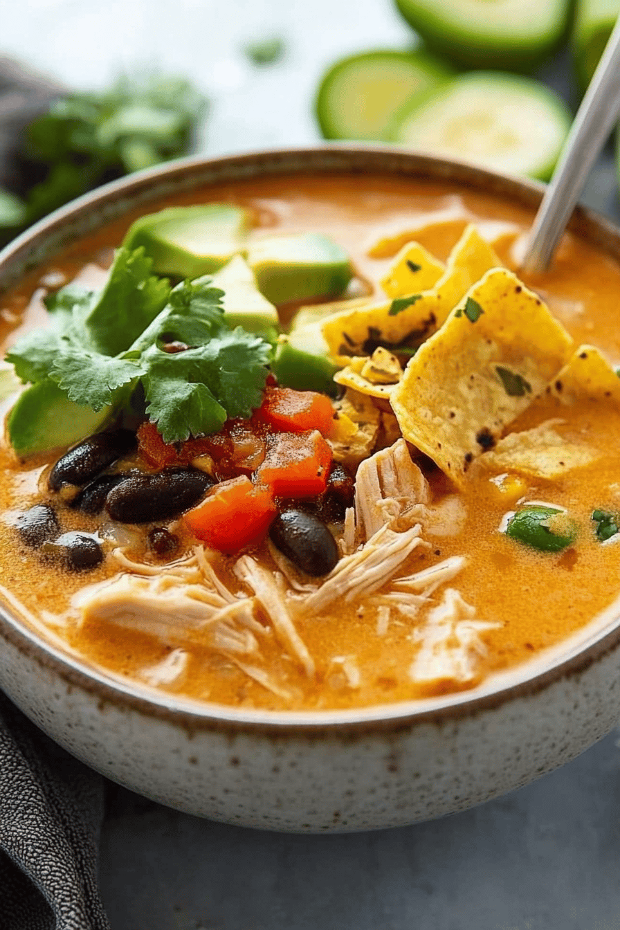 Creamy Chicken Tortilla Soup slice on plate showing perfect texture and swirl pattern