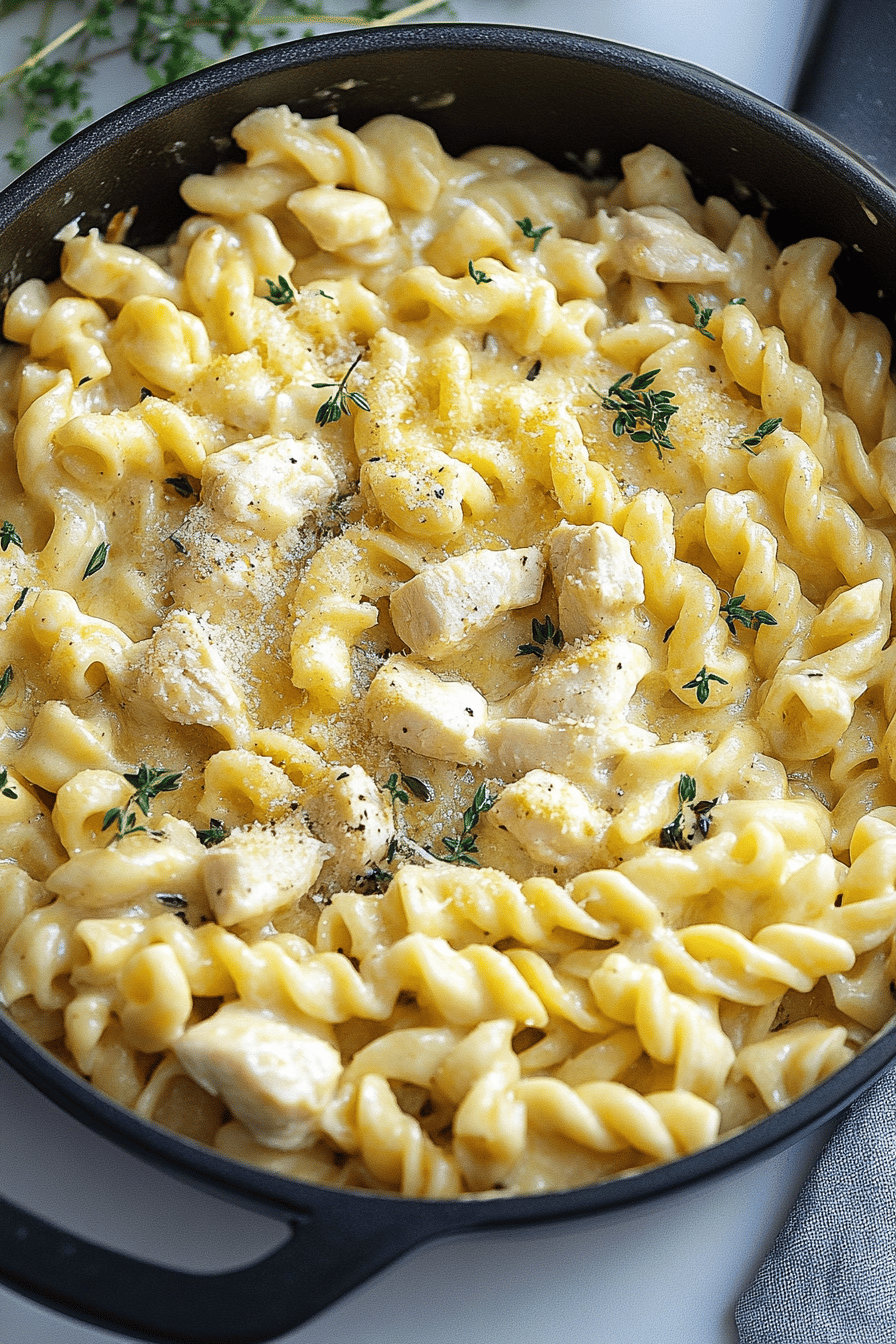 Creamy White Cheddar Chicken Pasta ingredients organized and measured on kitchen counter