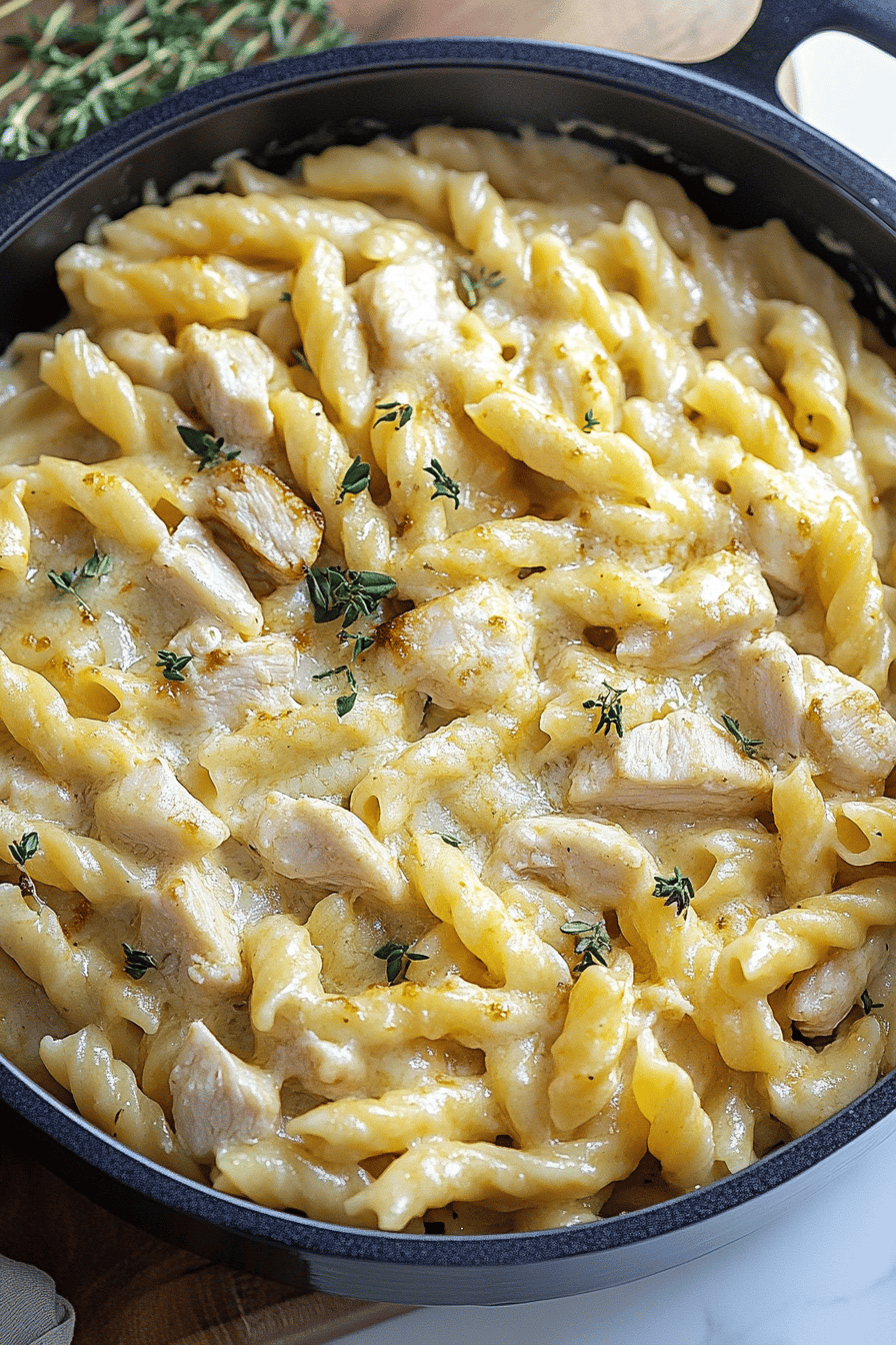 Creamy White Cheddar Chicken Pasta final dish beautifully presented and ready to serve