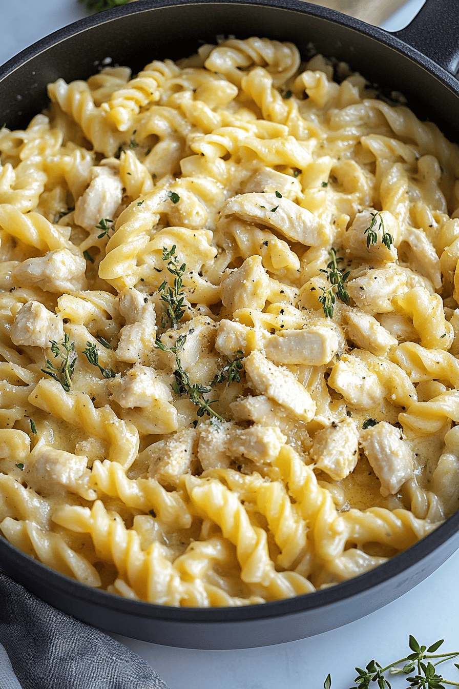 Creamy White Cheddar Chicken Pasta slice on plate showing perfect texture and swirl pattern