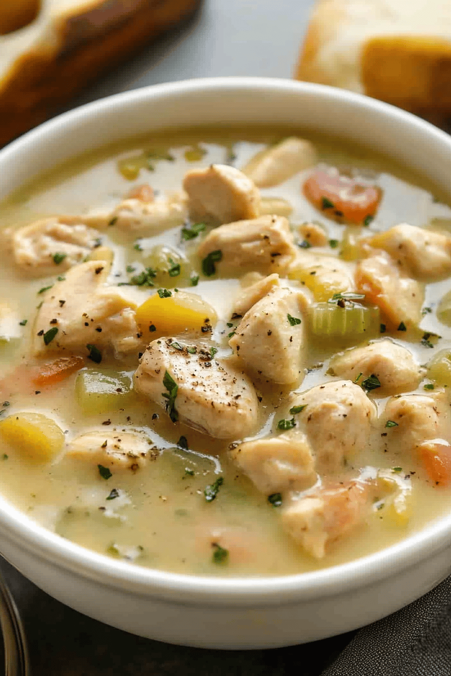 Crock Pot Chicken Stew slice on plate showing perfect texture and swirl pattern