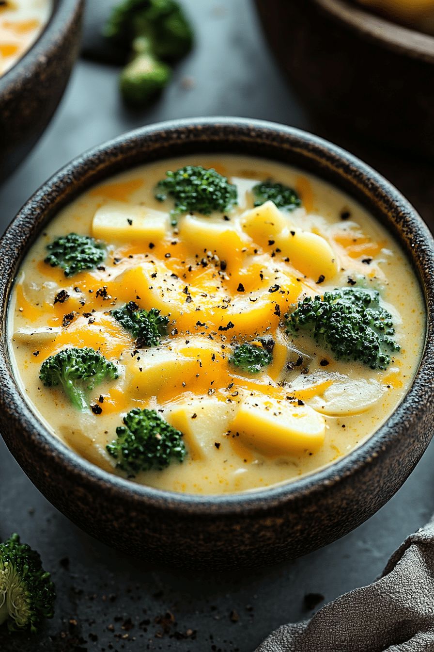 Crockpot Potato Broccoli Cheddar Soup final dish beautifully presented and ready to serve