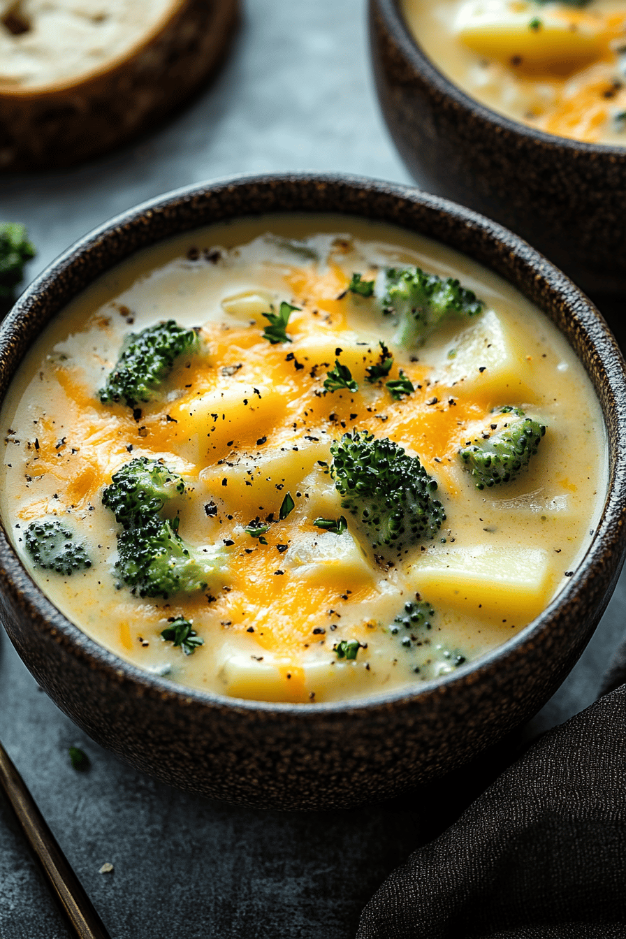 Crockpot Potato Broccoli Cheddar Soup ingredients organized and measured on kitchen counter