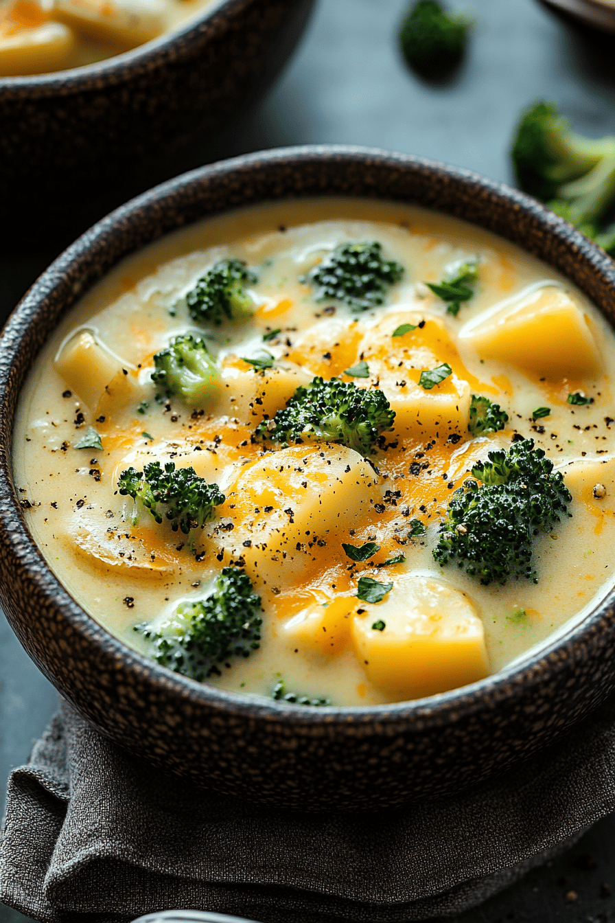 Crockpot Potato Broccoli Cheddar Soup final dish beautifully presented and ready to serve