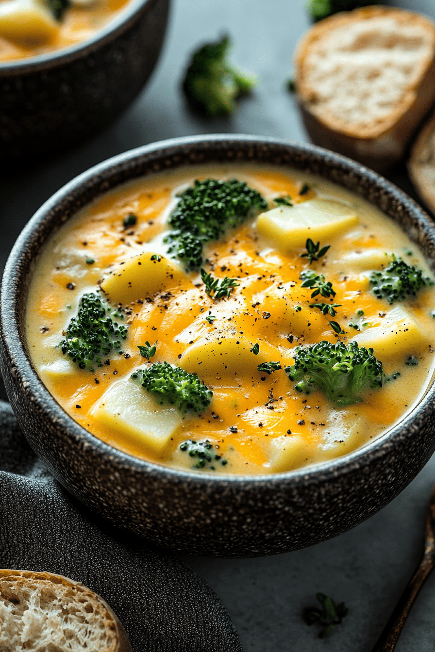 Crockpot Potato Broccoli Cheddar Soup slice on plate showing perfect texture and swirl pattern