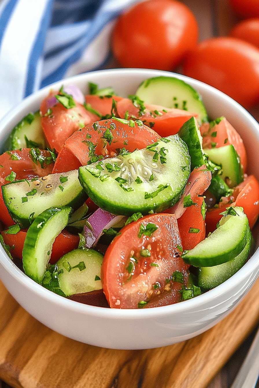 Cucumber Tomato Salad ingredients organized and measured on kitchen counter