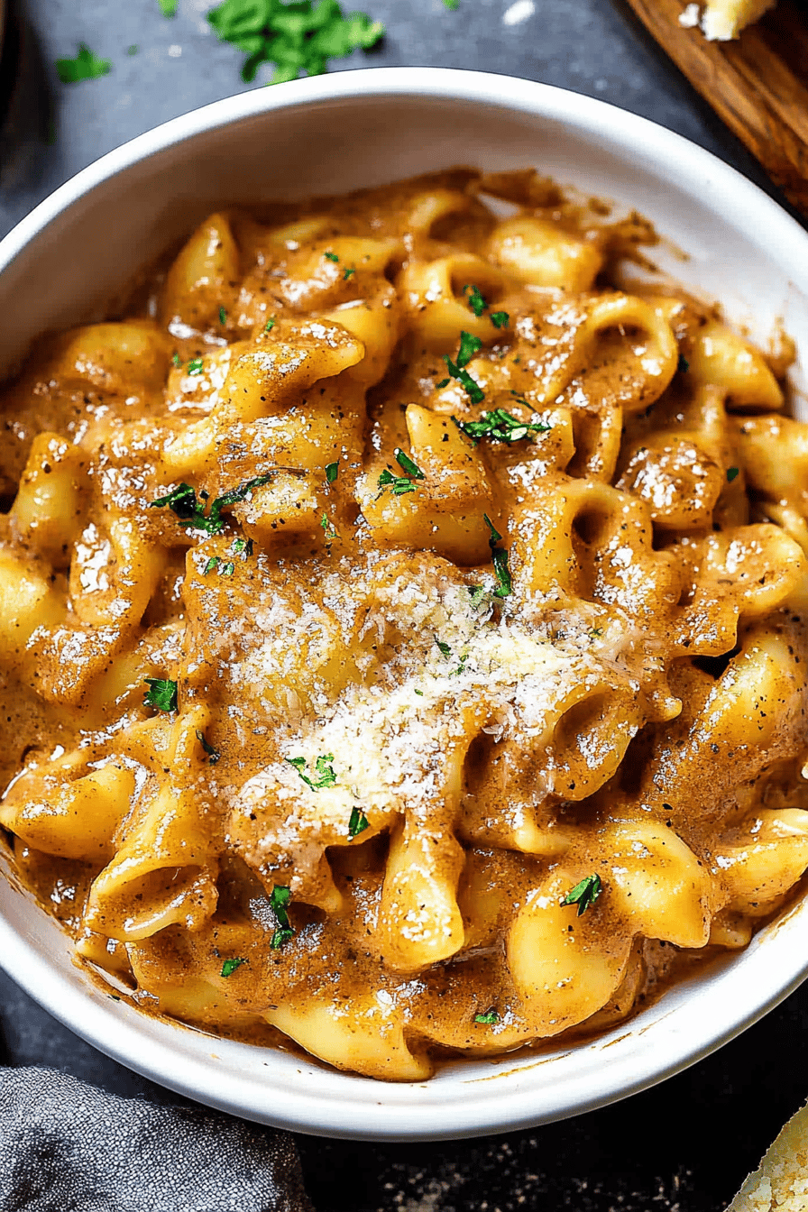 French Onion Pasta final dish beautifully presented and ready to serve