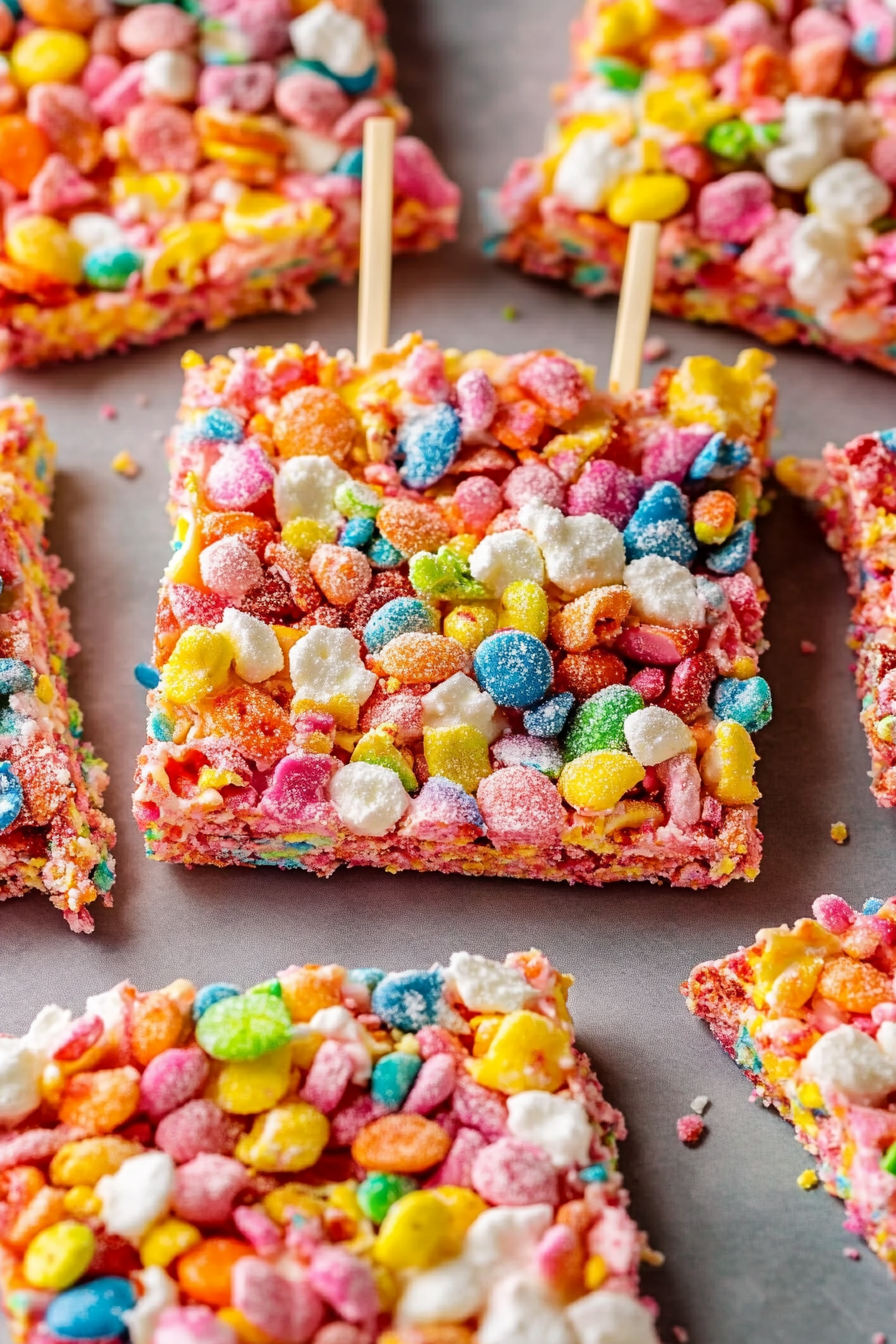 Fruity Pebbles Treats final dish beautifully presented and ready to serve